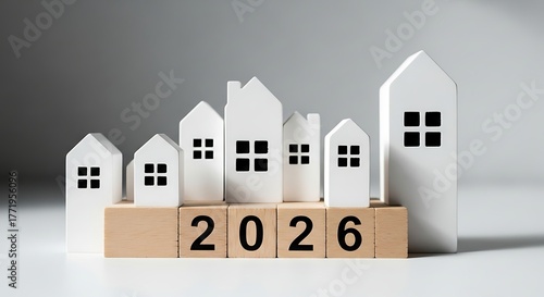 White miniature houses arranged on wooden blocks showing the year 2026
