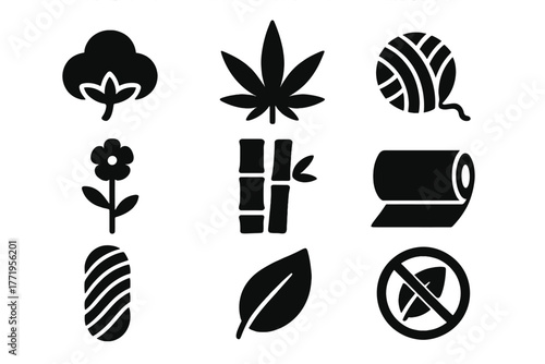 Natural Fiber Icons. Solid style icons of natural fibers: cotton flower, hemp leaf, wool ball, flax plant, bamboo, fabric roll,