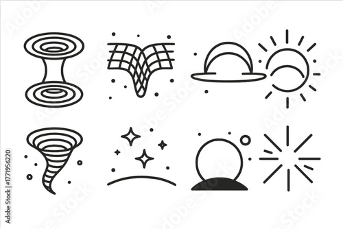 Wormhole Line Icons. Line style icons of Wormhole: Cosmic Tunnel, Warp Spacetime, Shortcut Arc, Event Horizon Glow, Vortex Funnel,