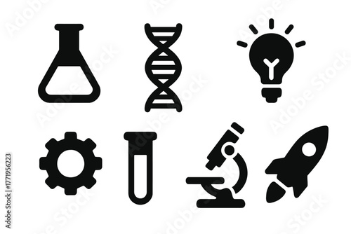 Innovation Icons Collection. Solid style icons of innovation: laboratory flask, DNA strand, lightbulb, gear, test tube, microscope