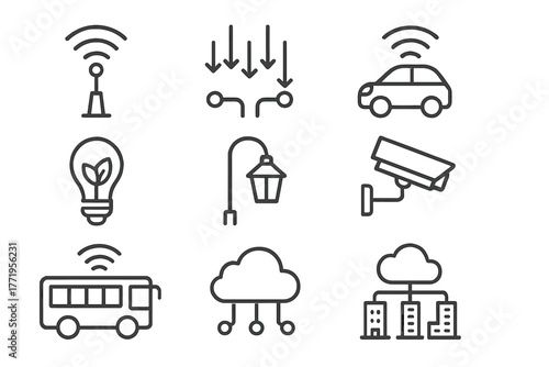 Smart City Icons. Line style icons of Smart City: IoT Sensors, Data Stream, Self-Driving Car, Energy Efficiency, Street Lamp,