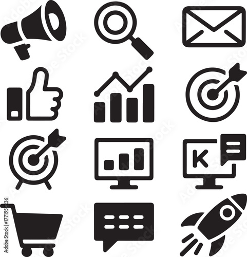 Digital marketing icons set megaphone target analytics search mail thumbs up computer rocket shopping cart