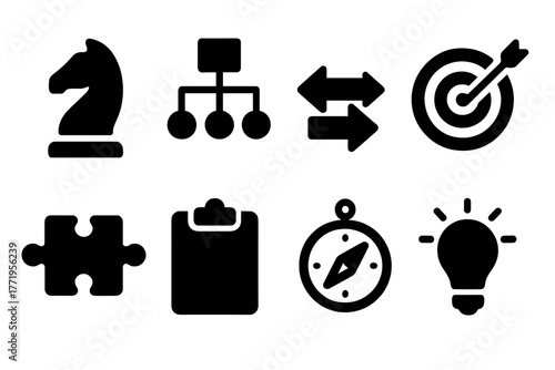 Solid Strategy Icons. Solid style icons of strategy: chess piece, flowchart, arrows, target, puzzle piece, clipboard, compass,