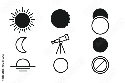 Solar Eclipse Icons. Line style icons of Solar Eclipse: Corona, Bailey's Beads, Shadow, Crescent Sun, Telescope, Moon Silhouette,