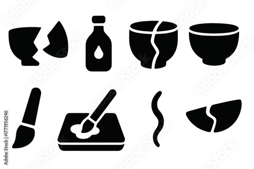Kintsugi Restoration Art. Solid style icons of Kintsugi: broken pottery, gold lacquer, seam repair, renewed object, ceramic bowl,
