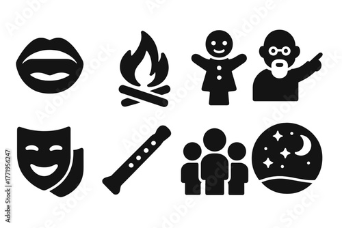 Storytelling Icons Collection. Solid style icons of storytelling: open mouth, campfire, puppet, elder pointing, mask, flute,