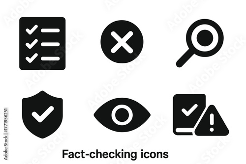 Fact-Checking Icons Collection. Solid style icons of fact-checking: checklist, cross mark, check mark, magnifying glass, shield,