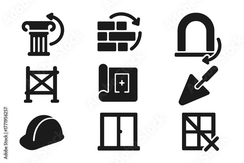 Architectural Restoration Icons. Solid style icons of architectural restoration: temple column, brick wall, arch, scaffolding,