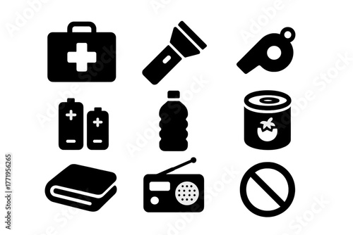 Emergency Kit Icons. Solid style icons of emergency kits: first aid box, flashlight, whistle, batteries, water bottle, canned food