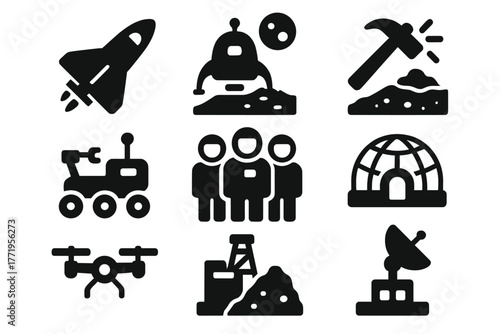 Space Frontier Icons. Solid style icons of Space Frontiers: starship, planetary landing, terraforming tool, exploration rover,