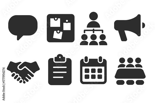 Grassroots Organizing Icons. Solid style icons of grassroots organizing: speech bubble, bulletin board, phone tree, megaphone,