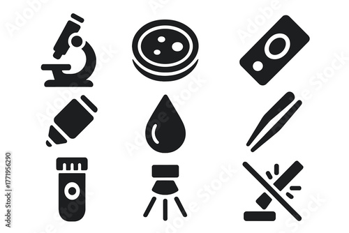 Conservation Microscope Icons. Solid style icons of conservation microscopes: microscope, petri dish, glass slide, lens, droplet,