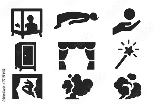 Magic Show Icons. Solid style icons of Show Illusions: mirror box, levitation figure, floating orb, vanishing cabinet, illusion
