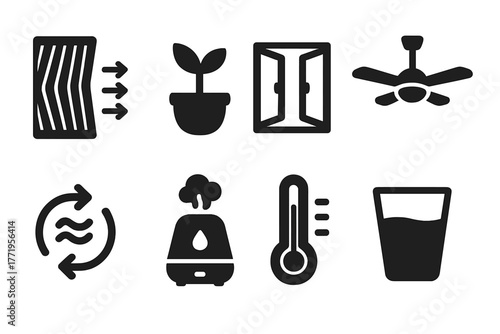 Indoor Environment Icons. Solid style icons of indoor environment: air filter, plant pot, open window, ceiling fan, air