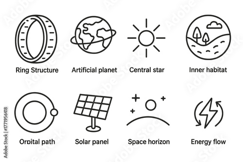 Ringworld Iconic Elements. Line style icons of Ringworld: Ring Structure, Artificial Planet, Central Star, Inner Habitat, Orbital