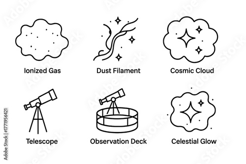 Nebula Line Icons. Line style icons of Nebula: Ionized Gas, Dust Filament, Star Birth, Cosmic Cloud, Telescope, Observation Deck,