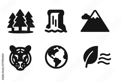 Nature Conservation Icons. Solid style icons of Environmental Conservation: forest, waterfall, mountain, river, endangered animal,