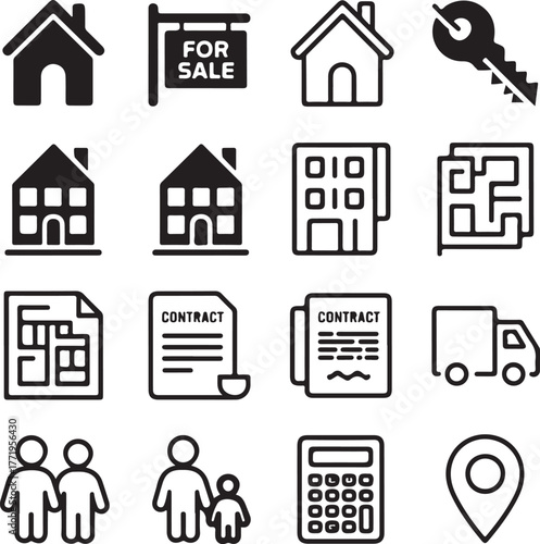 Real estate icons collection house for sale key floor plan contract delivery people calculator location