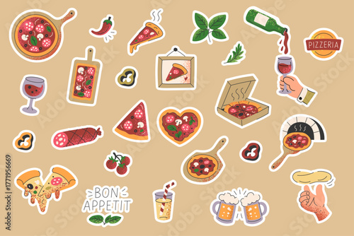 Pizza sticker set with doodle slices, drinks and ingredients on brown background