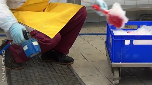 During daylight hours, sanitation worker in protective clothing squats and cleans equipment by spraying water and scrubbing with brush in food processing facility. Goal is to maintain hygiene.