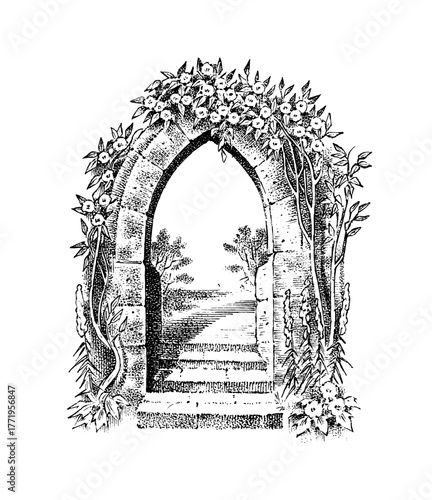 Gates or doors or portal. Template for wine or alcohol label. Old Vintage engraving streets fragments. Part of the building on the background of nature. Hand drawn sketch.