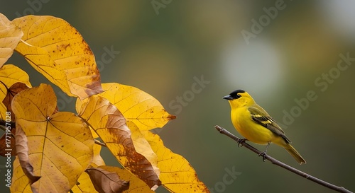 Bright yellow bird perched on a branch with autumn leaves