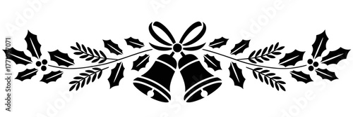 Black Silhouette Christmas bell and holly leaf vector border with ribbon accent, festive decorative divider on transparent background for holiday greeting and winter design use