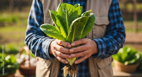 Farmer holding freshly harvested organic romaine lettuce with roots attached