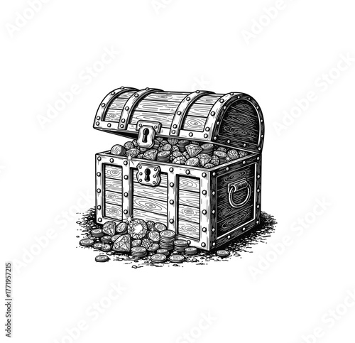 Treasure Chest Filled with Gold and Gems – Pirate Loot Engraving Art