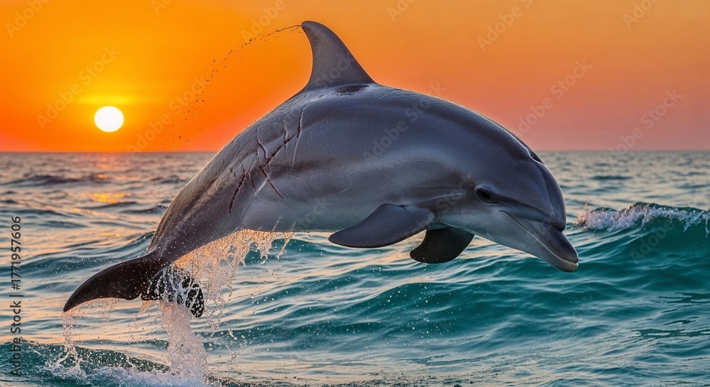Fototapeta premium Dolphin jumping out of ocean during sunset with vibrant sky 