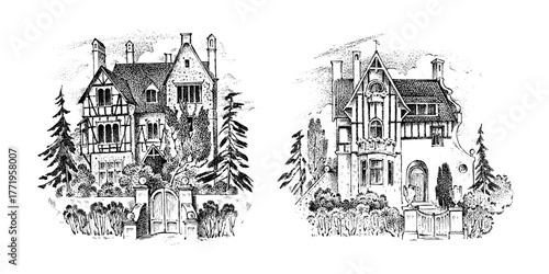 Scandinavian architecture, German style, half-timbered houses, 18th century. Timber framing. Vector landscape Ink sketch of the street. Hand drawn vintage illustration for book. Medieval European town