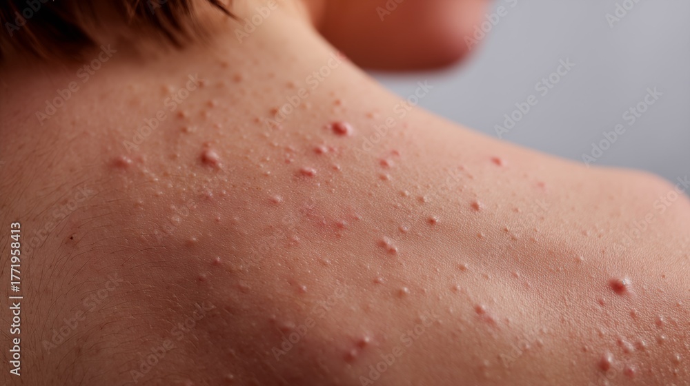 Fototapeta premium Close up of teenage back with acne and inflamed pimples, dermatology problem and skincare concept