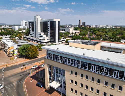 aerial view Gaborone Botswana, Main Mall, government buildings, city skyline, daytime