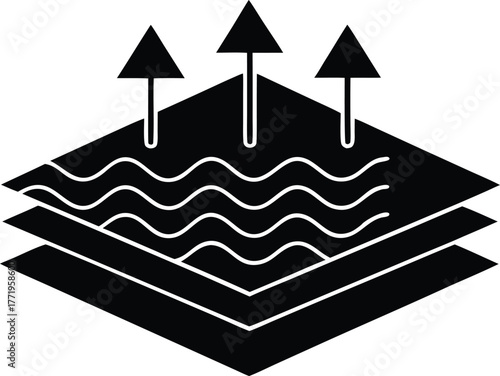 Icon representing breathable fabric layers with arrows indicating airflow, isolated on white background