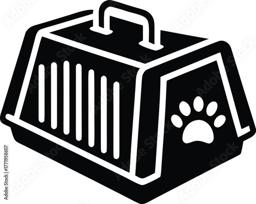 Black silhouette of a pet carrier or crate with a paw print, isolated on white background