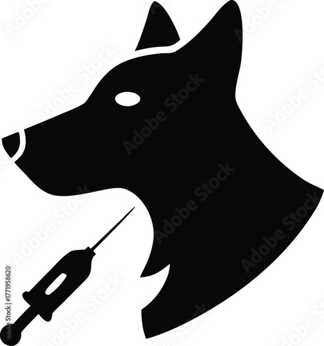 Dog head silhouette with syringe icon for vaccination or medical treatment
