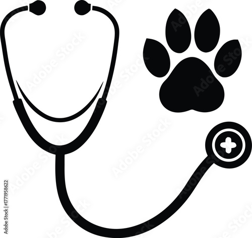 Black silhouette of a stethoscope and a paw print with a plus sign, isolated on white background
