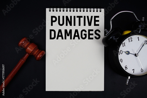 Punitive Damages text written on notepad with gavel and alarm clock on black background