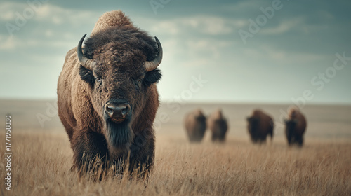 American bison standing proudly in a Great Plains grassland with herd members in the distance under a cloudy sky
