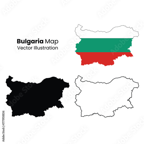 Detailed bulgaria map vector illustration with country flag and black outline variations
