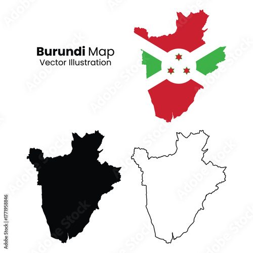 Burundi country map vector illustration with flag and black, white, and color variations