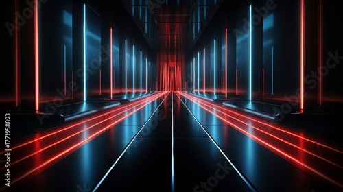 Fototapeta Naklejka Na Ścianę i Meble -  Long, empty hallway with neon lights that are red and blue. The lights are on and the hallway is dimly lit. The walls are made of metal and the floor is made of concrete