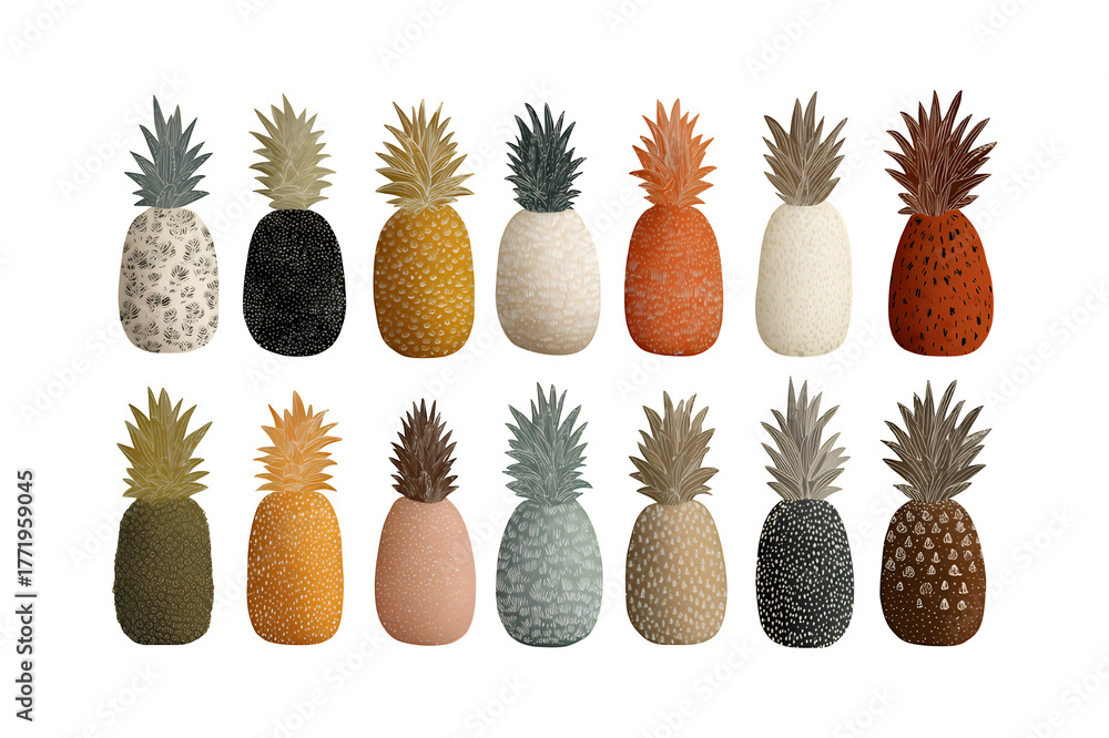 Fototapeta premium Collection of assorted miniature pineapples showcasing diverse colors and textures isolated on black isolated on transparent background