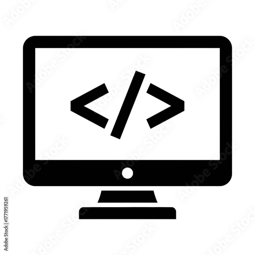 computer monitor with code solid icon representing software programming and web development