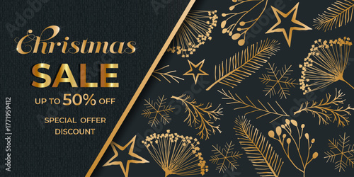 Elegant Black and Gold Christmas Sale Banner with texture, festive pine branches, stars, and snowflakes. Perfect for holiday marketing, web ads, social media, and seasonal promotions.