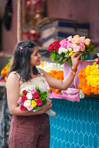 Choice and emotion concept — a young woman choosing flowers represents decisions, beauty, and mindfulness in everyday life. Symbol of positivity, growth, and self-care.
