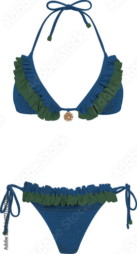 Reversible Crochet Ruffled Bikini Set Design, Emerald Green, Navy Blue, Halter Triangle Top, Tie-Side Brazilian Bottom, Luxurious Bohemian Summer Swimwear Vector Isolated.