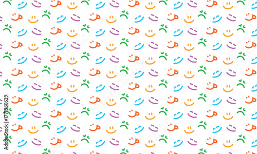 Smileys pattern multicoloured. Simple linear emotions vector seamless ornament for party, textile, fabric, interior, ceramic, wallpaper, paper decoration