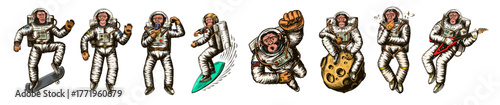 Monkey astronaut with whale, guitar, skateboard and moon. Chimpanzee spaceman cosmonaut characters set. Astronomical galaxy space. Funny cosmonaut explore adventure.Hand drawn old sketch line