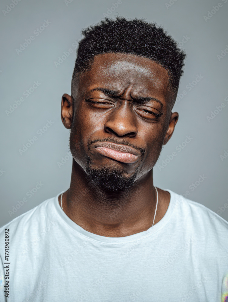 Obraz premium Portrait of a young man with a perplexed and skeptical expression wearing a plain white t-shirt against a neutral gray backdrop in studio lighting